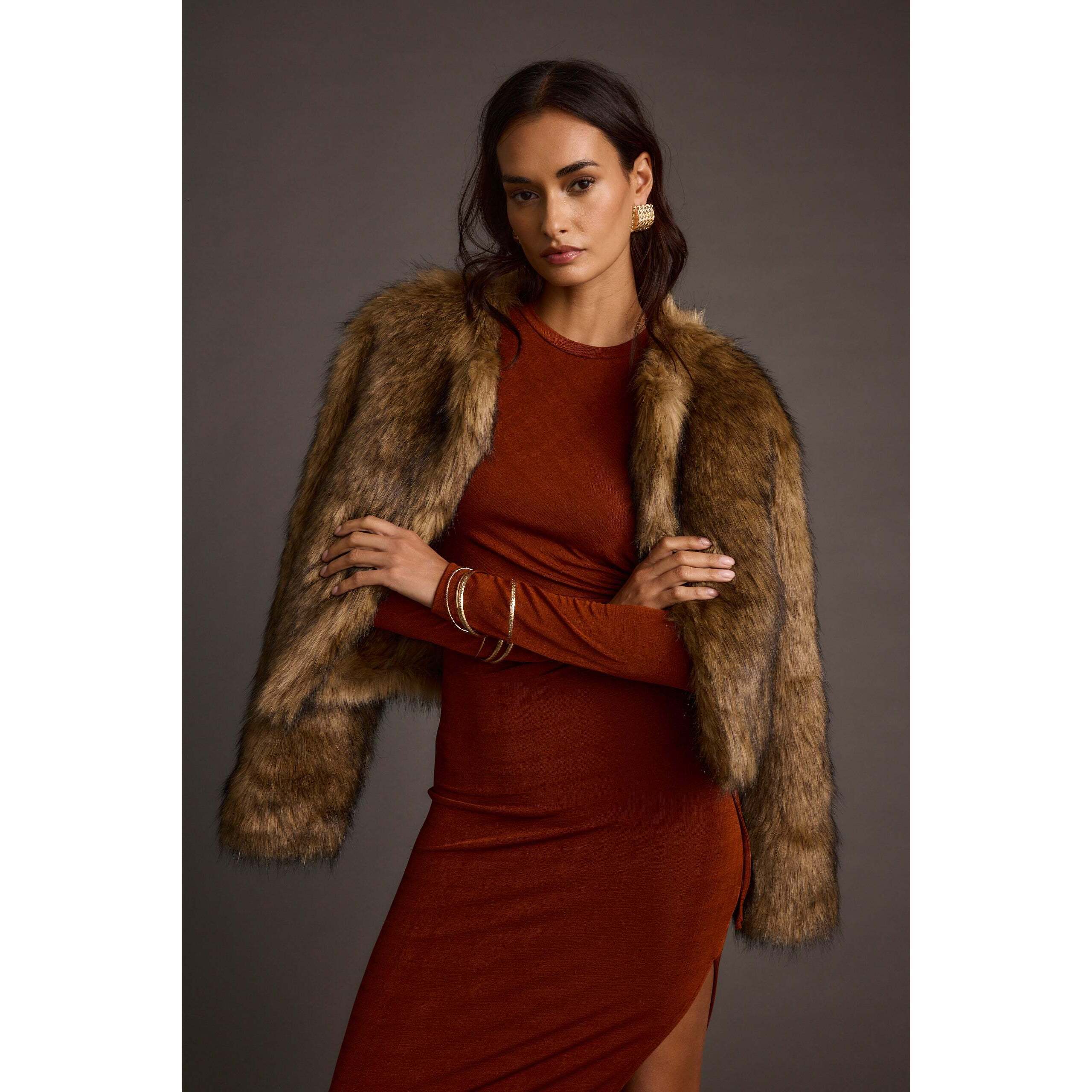 12th Tribe Misty Brown Faux Fur Coat Size Xsxs